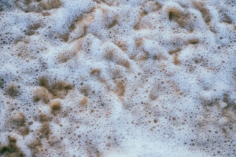 Close-up of a foamy water surface filled with delicate bubbles, creating a dynamic and intricate texture